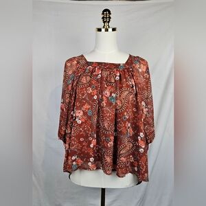 Mi A Mi Floral Deaign Burnt Orange Gypsy Shirt Size Med Boho Cottagecore‎ Hippie